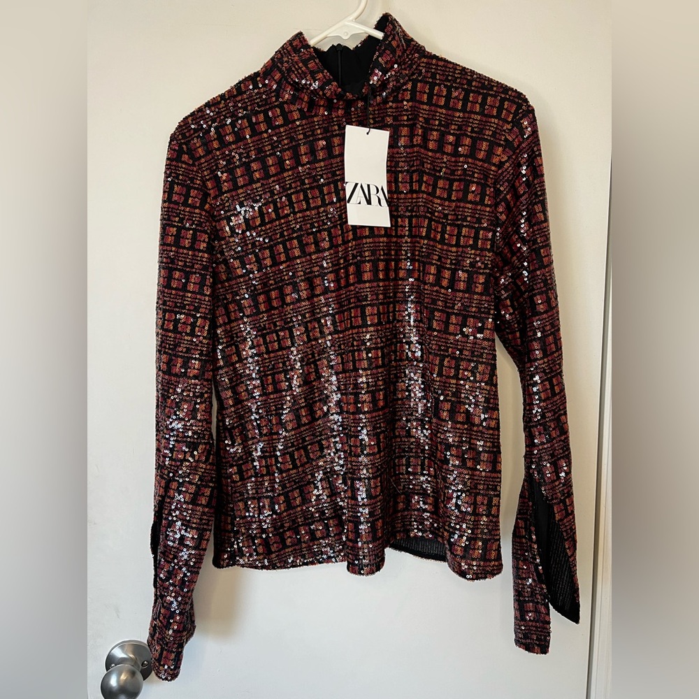 Zara Red Sequin Long Sleeve Blouse with Mandarin Collar